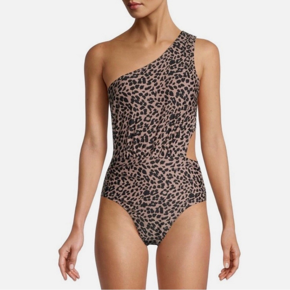Jones New York One-Shoulder Leopard Print Swimsuit in Taupe and Black